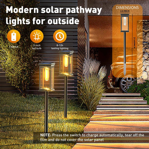 Rectangle Solar Pathway Lights Outdoor 6 Pack Super Bright Auto On Off No Fuss Landscape LED Lights For Walkway Garden And Driveway 10 Hours Run Time Weatherproof Solar Landscape Lighting illuminating a modern pathway at night.