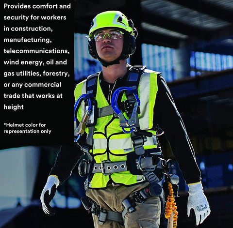Worker wearing SecureFit Climbing Style Safety Helmet with 6 Point Suspension System, Ventilated Black ANSI X5012V Approved