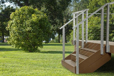 Slick Steel Cable Railing Kit For Stair Handrails With Pre Drilled Base Mounts Includes All Solid Hardware For Hassle Free Diy Installation White 18 Foot 42 Inch System on outdoor wooden stairs.