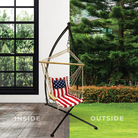 Durable Outdoor Hammock Swing Stand With Rust Resistant Steel shown indoors and outdoors with sturdy X base design