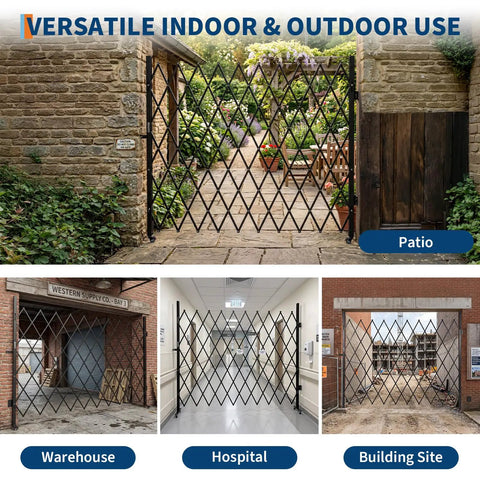 No Fuss Expandable Folding Security Gate Aluminum Alloy Metal Barricade with slick rolling lockable casters for quick setup in various locations.