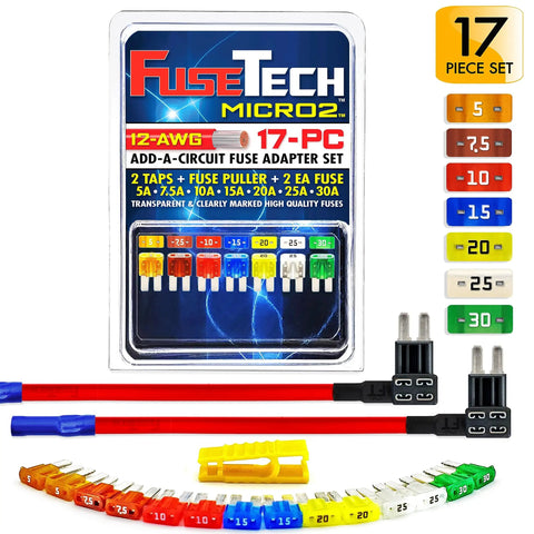 Heavy Duty 17 Piece Auto Fuse Box Kit Featuring Add A Circuit Taps Blade Fuses 5 TO 30 Amps with clear packaging and assorted fuses.