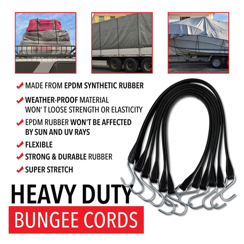 Built Tough Heavy Duty Rubber Bungee Cords with Hooks showcasing EPDM material and weatherproof benefits, 10 pack, USA
