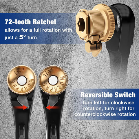Slick 1/4 Inch Mini Ratchet Wrench Set With Magnetic Hex Bit Holder And Double Head Design showing 72-tooth mechanism and reversible switch.