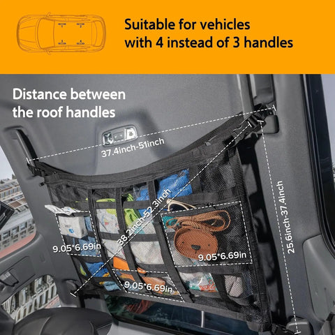 Ceiling Cargo Net With 3 Pockets And Double Layer Mesh Overhead Storage Organizer for Cars and SUVs showing dimensions and fit