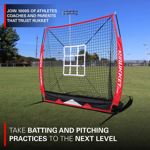 Heavy Duty Five By Five Baseball And Softball Net For Practice Hitting And Batting Foldable Backstop Training Screen with strike zone target on a field.