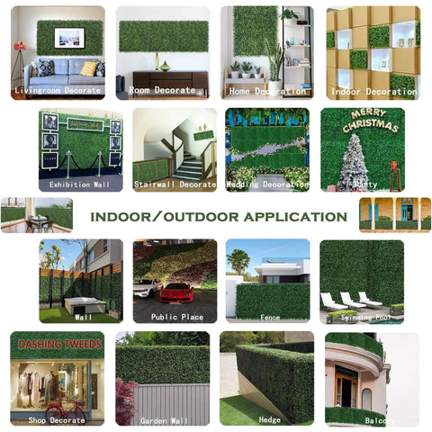 Collage of various indoor and outdoor setups featuring grass wall panels for balcony and patio 40 by 120 inch artificial ivy privacy fence.
