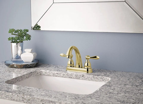 Windemere Centerset Polished Bronze Bathroom Faucet for 4 Inch 3 Hole Vanity Sink installed on granite countertop