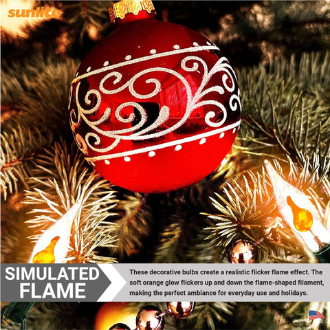 Tiny Chandelier Flicker Flame Light Bulbs Set Orange Color E12 Candelabra Base Decorative Holiday Lighting Warm Candlelike Glow 3 Watts Each 12 Pack For Chandeliers Lanterns And Festive Decor glowing near ornament