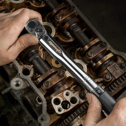 Mechanic using 1/4 Inch Drive Click Torque Wrench For Pros with Dual Range Scale 20-200 Inch-Pounds Cr-V steel ratchet head
