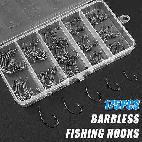 Pro Grade 175Piece Barbless Carp Hook Kit With Curve Shank Crank Wide Gape Fly Tying And Circle Hooks Includes Tackle Box In Sizes 2 4 6 8 10 High Carbon Steel Anti Rust