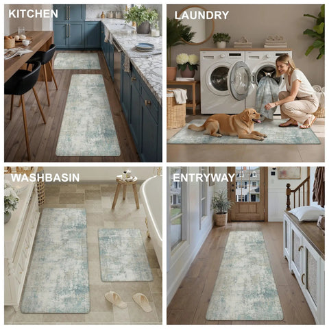 Set Of Two Anti Fatigue Waterproof Kitchen Mats Blue Cream Abstract Cushioned Grippy Non Slip Comfort Standing Mats For Sink Laundry And Office Use With Durable Non Slip Backing And Easy Clean Finish in kitchen, laundry, washbasin, and entryway settings with pets.