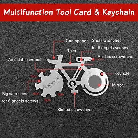 All In One Bicycle 10 In 1 Multitool Card For Everyday Carry And Keychain Access with tool labels on metallic card