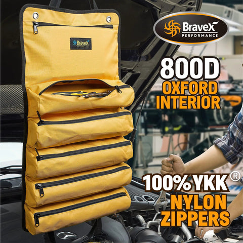 Heavy Duty Roll Up Tool Bag With Kevlar Stitches And YKK Zipper, 1200D Ballistic Nylon Tool Roll Organizer hanging open with tools.