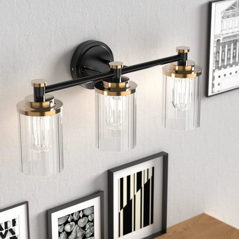 Three Light Black Brass Vanity Fixture With Clear Striped Glass Shades E26 Base Mounts Over Mirror Vintage Yet Modern Bathroom Lighting