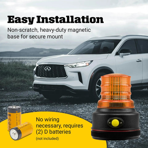 Badass Led Amber Warning Beacon With Rock Solid Magnetic Base, Three Sixty Degree Strobe Light Featuring Four No Sweat Flash Modes, Battery Powered Ip Sixty Five Weatherproof Class Three Job Site Safety Alert on vehicle with batteries.