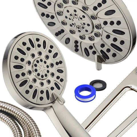 Close-up of High Pressure Shower Spa Kit With 48 Modes 3 Way Diverter and all chrome finish rain and handheld shower heads