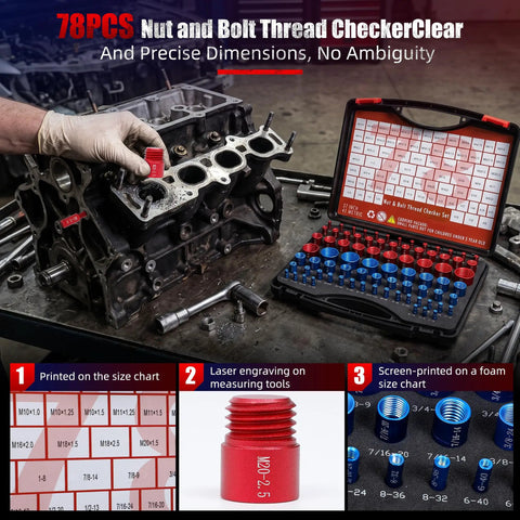78 Piece Nut And Bolt Thread Checker Set Featuring 41 Sae And 37 Metric Threads No Sweat Pitch Gauge Toolkit for grease monkey mechanics organized with a size chart.