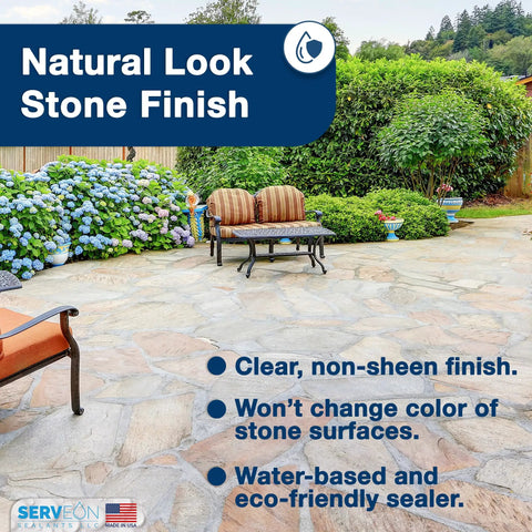 Premium Natural Stone And Patio Sealer For Concrete Slabs And Brick Walls Water Based Clear Repellent Shields Against Rain Stains And Freeze Thaw Damage Full Gallon shown on a natural stone patio with chairs and greenery.