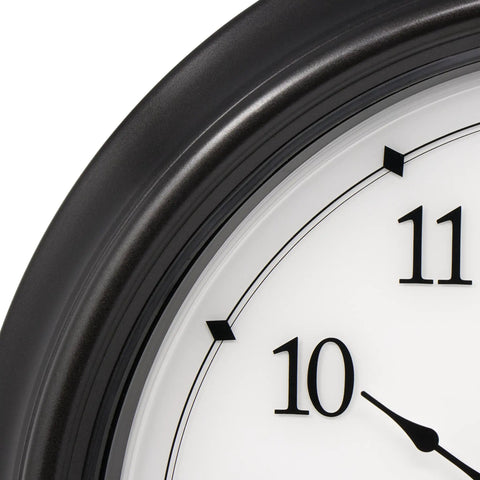 Close-up of 24-inch black LED Illuminated Outdoor Clock With Temperature And Humidity, featuring large bold Arabic numbers.
