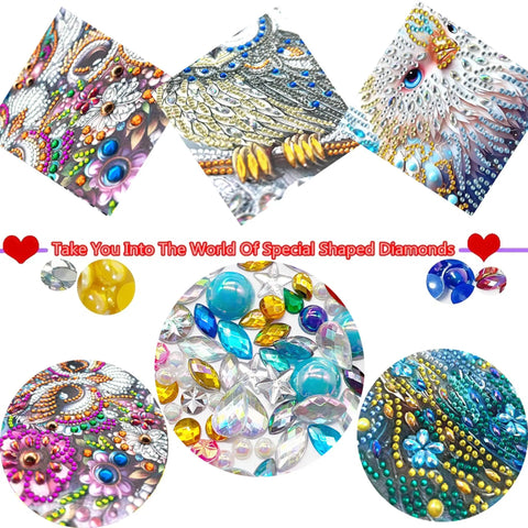 Beginner Friendly 5D Partial Diamond Painting Kit Owl Design With Special Shaped Crystals, vibrant details and crystals shown.