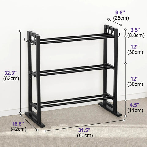 3 Tier Adjustable Dumbbell Rack With Wide Base 450 Lb Capacity Reinforced Steel Weight Shelf dimensions and features labeled on wall.