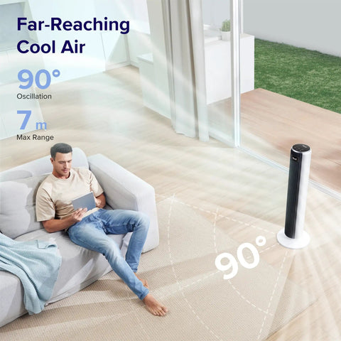 Beat The Summer Heat With This Whisper Quiet Bladeless Tower Fan Serving Smooth 90 Degree Oscillating Airflow in a modern living room.