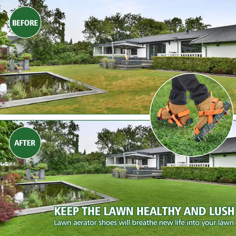 Adjustable Lawn Aerator Shoes with Heavy Duty Spikes for Grass and Garden Secure Hook Loop Straps in use on lawn
