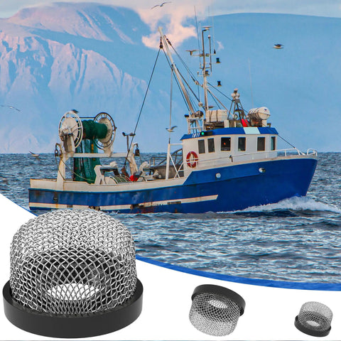 Fishing boat at sea with 3/4 Inch Stainless Steel Mesh Strainer Screw On Filter For Livewell Pumps And Drains in foreground