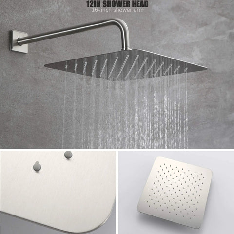 Rain Shower System With Waterfall Tub Spout In Brushed Nickel Two Function Shower Faucet Set With 12 Inch Rain Head 16 Inch Shower Arm Tub Spout And Valve Included Easy Install Durable 304 Stainless Steel displaying square rain shower head with water flow.