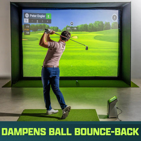 Person using 12x6 Ft Golf Simulator Turf Mat 15mm Elite Indoor Golf Mat For Home Setups Premium Commercial Grade Turf for practice.