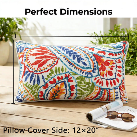 All-Weather Water-Resistant Outdoor Pillows Set of 2, 12x20 Inch, Colorful Paisley Pattern Throw Cushion with Inserts for Patio Furniture