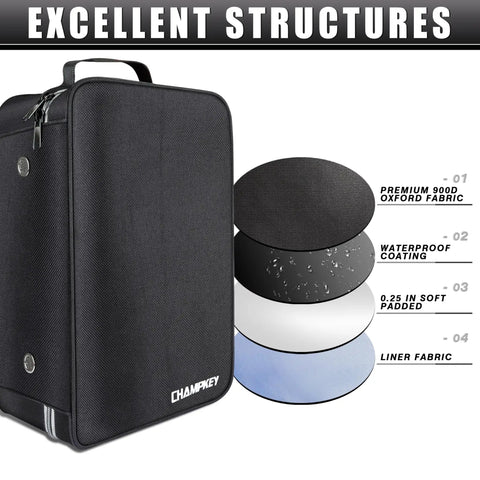 Diagram showing layers of Soft Padded Golf Shoe Bag With Durable 300D Polyester Oxford Fabric And 210D Liner, Water-Resistant And Easy To Clean.