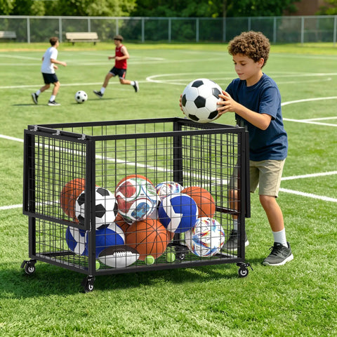 Smooth Rolling Ball Cart With Secure Lock And Hella Spacious Compartment For Garage Sports Gear Yoga Balls Basketball Storage Bin filled with various sports balls outdoors.