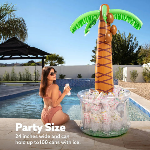 Inflatable Palm Tree Cooler, 60 Inch Tall, Beach Theme Pool Party Decor next to woman by poolside, tropical vibe, PVC construction.