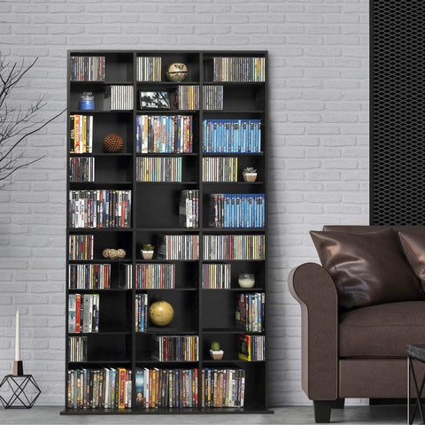 Heavy Duty Espresso Media Storage Cabinet With Deep Slots For CD DVD And Video Games Keeps Your Stash Secure And Tight While Bringing Super Cool Vibe To Your Living Room Setup in a modern living room.