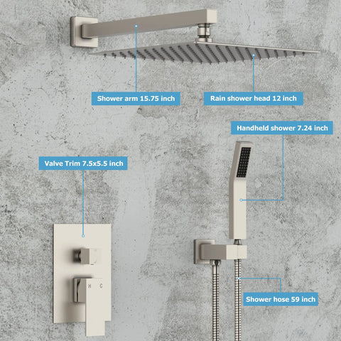 All Metal Shower System With 12 Inch Rain Shower Head And Handheld, Wall Mounted Faucet Set, brushed nickel finish, details labeled.