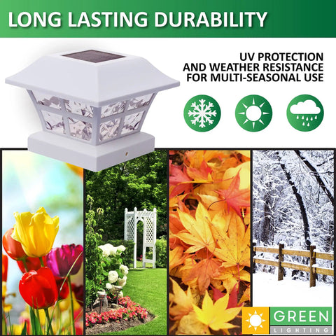Evolve White Outdoor Post Cap Lights For 4x4 And 5x5 PVC Vinyl Posts Waterproof Solar LED NiCd Battery Included No Fuss Sun Powered Illumination 12 Pack Set, shown with seasonal weather durability icons and images of different seasons.