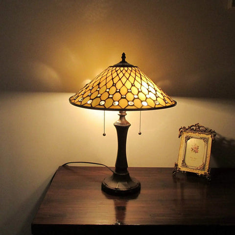 Table Lamp In Tiffany Style With Glass Bead Trim And Downlight, Pull Chain, Off White Finish, On Wooden Table, Nighttime Setting