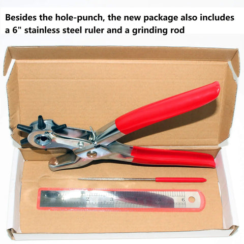 Nine Inch Heavy Duty Leather Hole Punch Tool with Six Hole Sizes, 6-inch ruler, and grinding rod in packaging