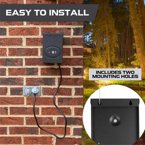 200 Watt Low Voltage Landscape Lighting Transformer With Dusk To Dawn Sensor And Countdown Timer Auto Mode 120V AC To 12V AC Outdoor Lighting All Weather mounted on brick wall showing installation