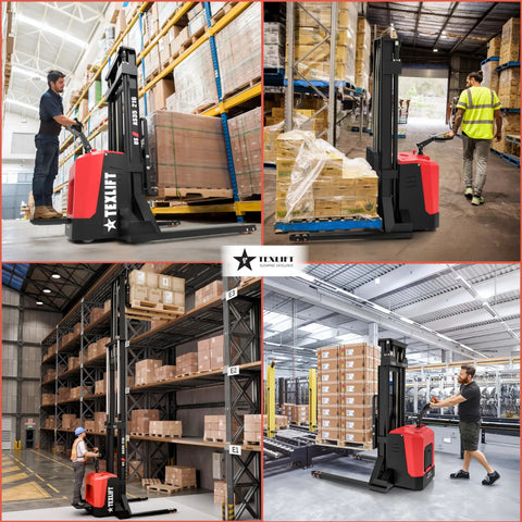 Hardcore Electric Pallet Stacker With Stand 3300 Lb Capacity 216 Inch Lift Height Adjustable Forks working in a warehouse.