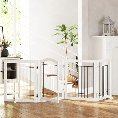 Ultra Wide 96 Inch Dog Gate With Walk Through Door, Freestanding Wire Pet Gate for Doorways, White, in home interior