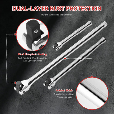 Heavy Duty 10 Piece Breaker Bar Set Featuring 180 Degree Swivel Head with polished finish and black phosphate coating for rust protection.