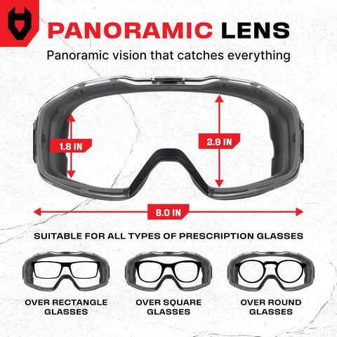 Adjustable Lightweight Full Face Shield for 6X3 OTG Vented Safety Goggles Compatible ANSI Z87 1, showing panoramic lens dimensions.
