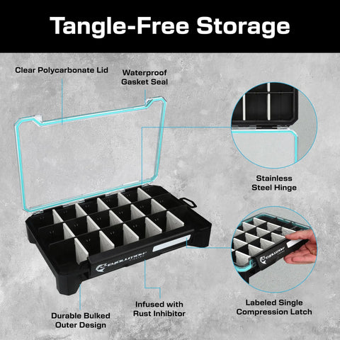 Open view of BallistiX 3.6 Tackle Tray Waterproof Lure Box with clear lid, removable dividers, and rust inhibitor, size 11x7.25x2 inch.