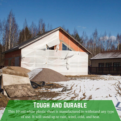 White Plastic Sheeting 10 Mil Thick Heavy Duty Polyethylene Film Drop Cloth Vapor Barrier For Crawl Space 10 Feet By 100 Feet Ideal Painter Tarp Dust Barrier Moisture Guard covering house under construction.