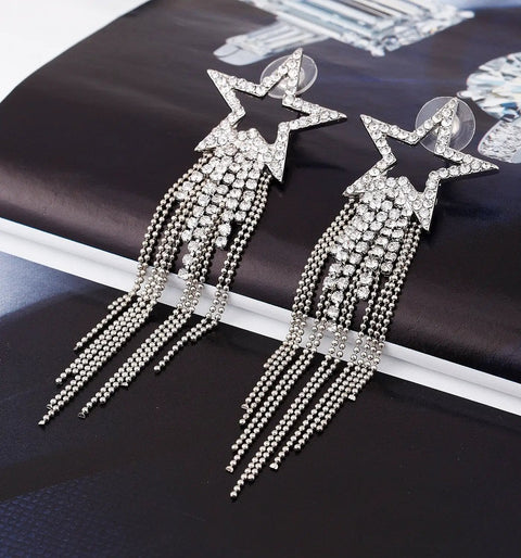 Silver Tassel Earrings With Hollow Star Stud And Pave Crystal Dangle Double Layer Beaded Fringe Boho Waterfall Drop Earrings For Everyday Shine Great For Day To Night Wear And Boho Chic Styling, silver star dangle pair