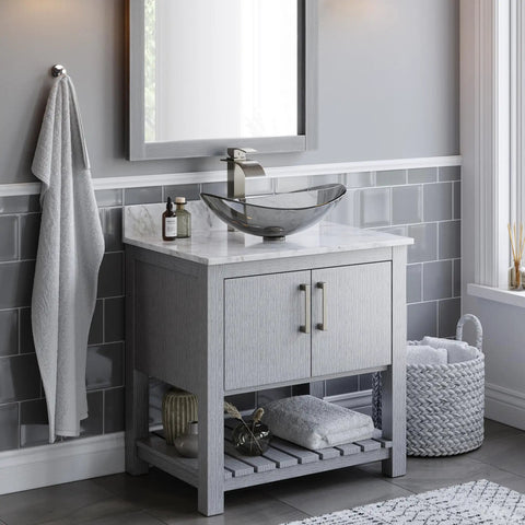Clear Grey Bigio Glass Vessel Bathroom Sink With Above Counter Mount Tempered Glass Scratch Resistant And Non Porous 21.5 By 15 By 5.5 Inches Drain Opening 1.75 Inches Modern Vessel Design on vanity