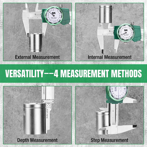 Dial Caliper 150mm Measuring Tool With Shockproof Design demonstrating external, internal, depth, and step measurements.